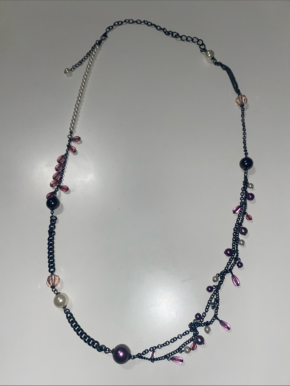 Handcrafted Black Chain Necklace with Pink and Purple Beads